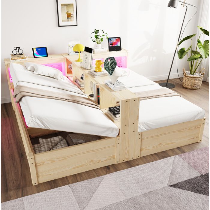 Lit combiné 90/180×200 cm 1 place et 2 places prise intégrée LED et coffre - ELVMI - sans matelas bois naturel