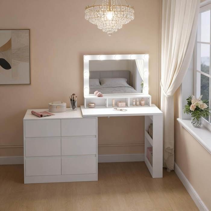 Coiffeuse 2 en 1 avec miroir LED réglable 6 tiroirs meuble d’angle blanc en panneaux de particules et verre