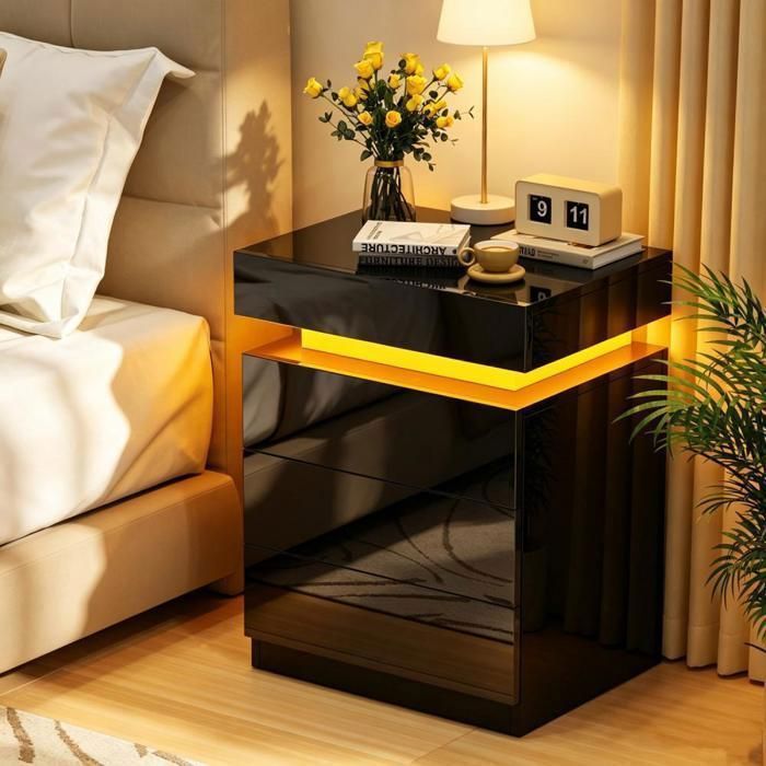 PIPIPOXER Chevet de lit cube noir LED couvercle relevable coffre sécurisé 3 tiroirs commode rangement chambre bureau 45x35x61