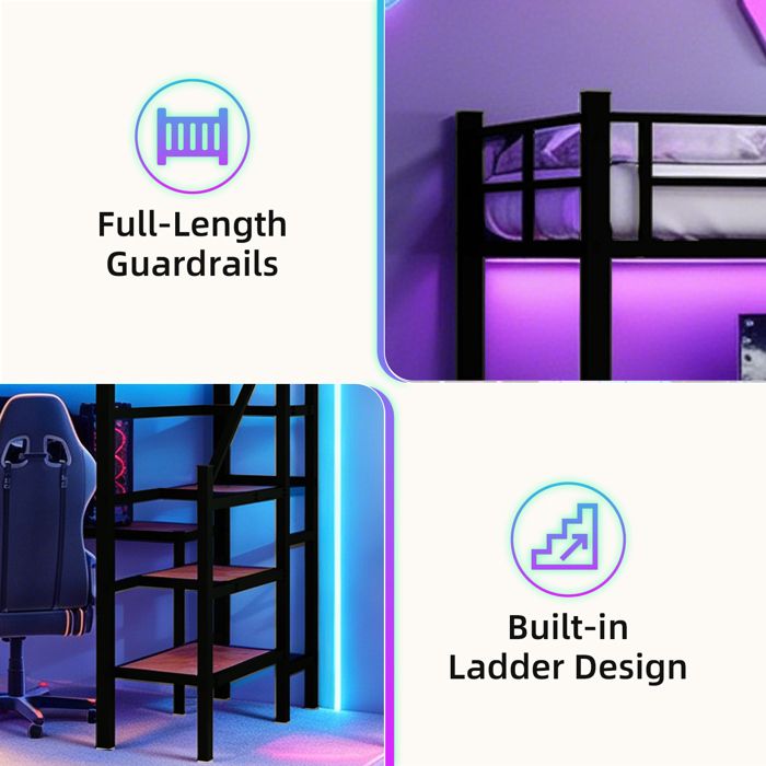 Lit mezzanine enfant 90x190 cm avec bureau en L étagères escalier sécurisé et garde-corps complet