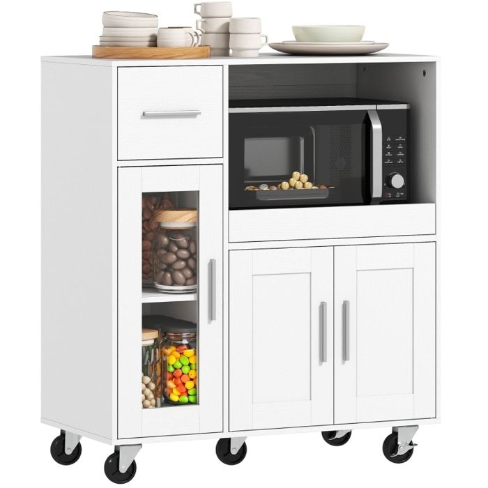 ULEVR desserte de cuisine sur roulettes blanc 80 x 40 x 88 7 cm meuble micro-ondes avec tiroir placards et plateau coulissant
