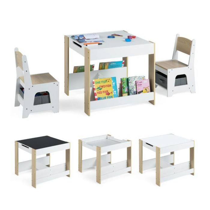 En bois table et chaises enfant avec plateau réversible tableau noir et rangements pour chambre ou salle de jeux