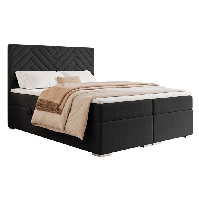 Lit Coffre NEREA - 200x200 cm - avec matelas et surmatelas - Velours doux - Noir