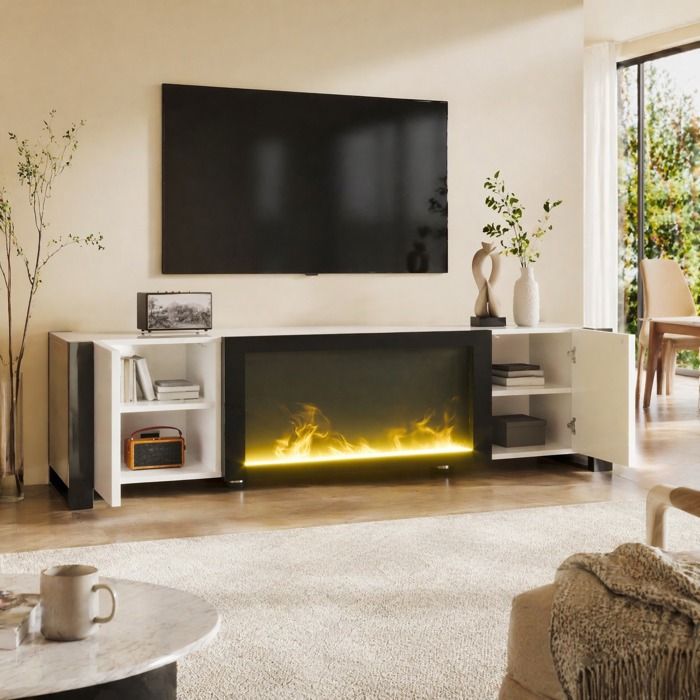 Meuble TV lowboard cheminée électrique effet flamme sans chauffage brillant blanc noir rangement VEVXYN
