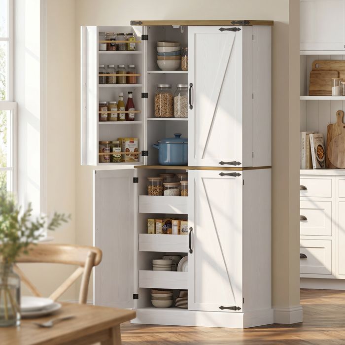 Buffet haut de cuisine - Modèle Campagne - 4 portes 3 tiroirs - 8 porte-épices intégrés - Blanc/chêne