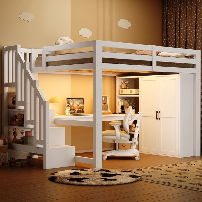 Lit mezzanine enfant 2 places 140x200 cm Lit adulte Lit double en bois avec bureau LED étagère armoire escalier de rangement blanc