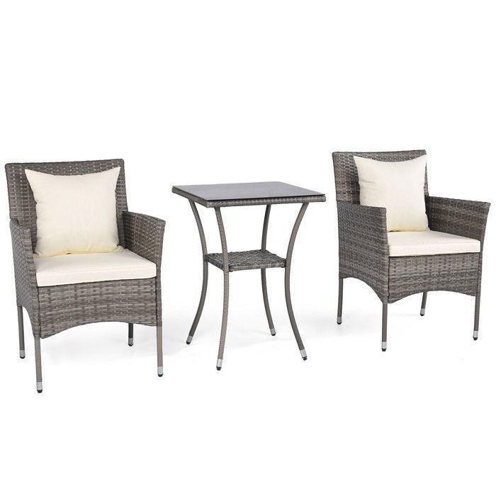 En Résine Tressée Salon de Jardin Bistro 3 Pièces avec Table Double Plateau Verre pour Balcon et Terrasse