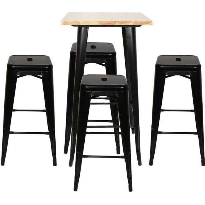 Lot de 4 Tabourets de Bar Industriel en Métal Solide et Empilable - Noir - 42 x 42 x 76cm