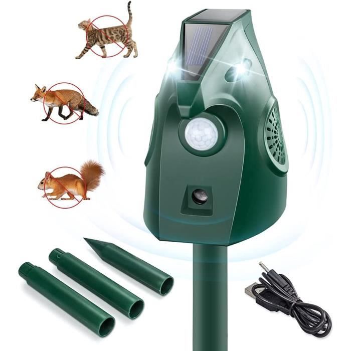 Répulsif à Animaux Solaire Et USB – Ultrasons + LED, Détecteur De Mouvement, étanche IP54, Pour Chats, Chiens, Oiseaux