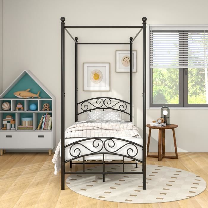 lit à baldaquin simple 90 x 190 cm, structure de lit en métal avec sommier à lattes, noir, sans matelas