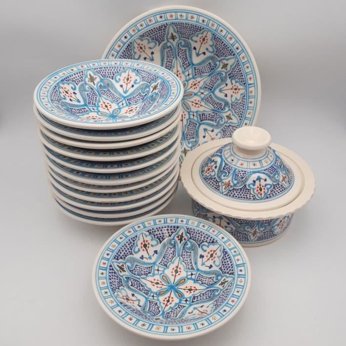 Service à couscous Marocain turquoise assiettes Tebsi - 12 pers Service à couscous Marocain turquoise assiettes Tebsi - 12 pers