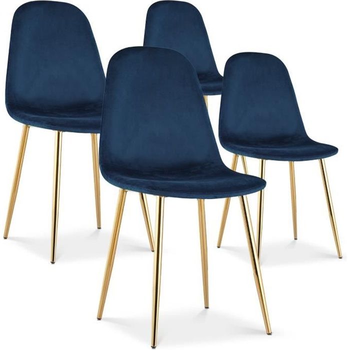 Lot de 4 chaises Bali velours bleu pieds or Lot de 4 chaises Bali velours bleu pieds or