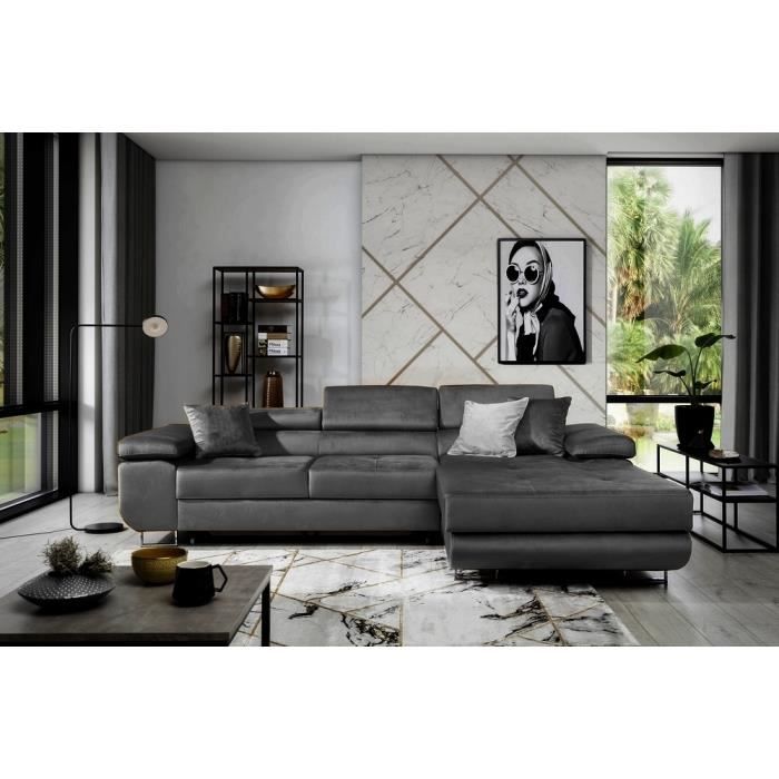 Canapé dangle convertible ARMEL en tissu luxe 5 places gris anthracite avec coffre angle droit (vu de face)