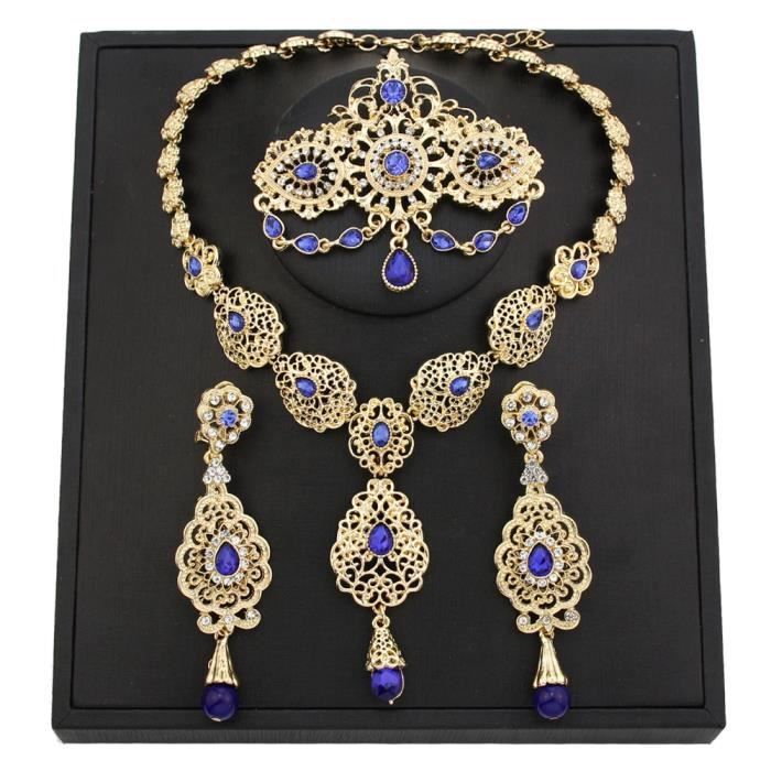 ll9104blue - ensemble de bijoux de mariée marocaine, couleur or, pour femmes, caftan, broche, boucles'oreille