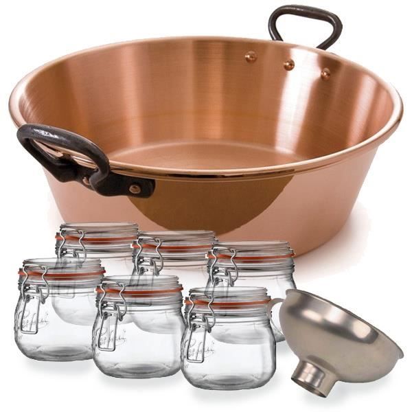 Baumalu Bassine à confiture cuivre 9l + 6 bocaux + entonnoir pack