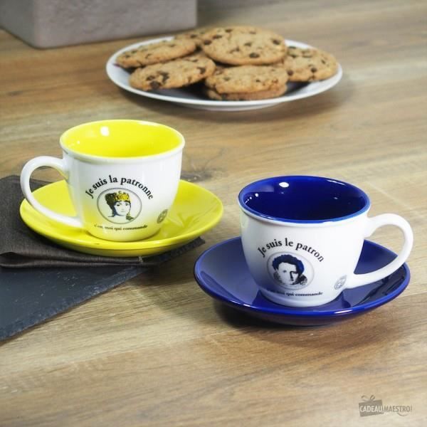 Lot De 2 Tasses Humoristiques 'Le Patron/La Patronne' - Neuf, En Grès Blanc, Cadeau Bureau Idéal