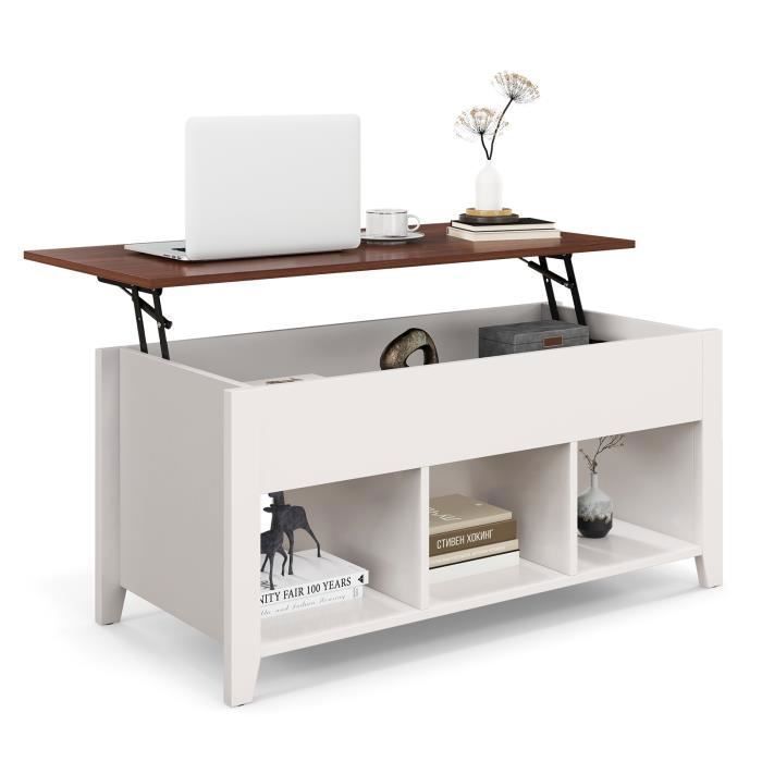 COSTWAY Table Basse avec Plateau Relevable avec 3 Compartiments Ouverts et Dispositif de Levage Pneumatique pour Salon Bureau