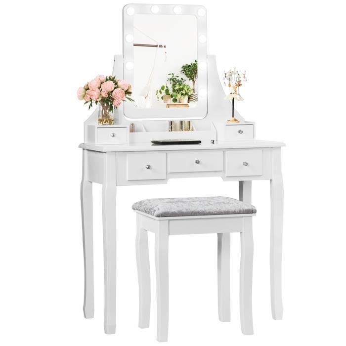 COSTWAY Coiffeuse avec Tabouret et Miroir Rotatif à 360 ° - Table de Maquillage - 10 Ampoules LED à Luminosité Réglable 5 Tiroirs COSTWAY Coiffeuse avec Tabouret et Miroir Rotatif à 360 ° - Table de Maquillage - 10 Ampoules LED à Luminosité Réglable 5 Tiroirs
