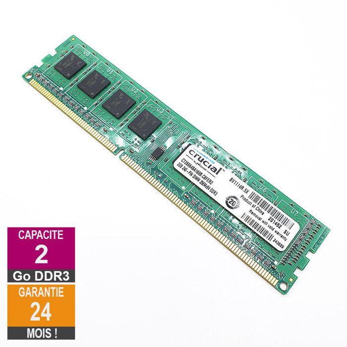 Barrette Mémoire 2Go RAM DDR3 Crucial CT25664BA160B.C8FER2 DIMM PC3-12800U 1Rx8 - Crucial