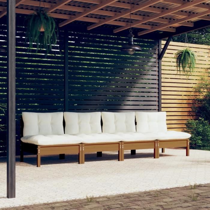 canapé de jardin 4 places famirosa en bois de pin solide avec coussins crème