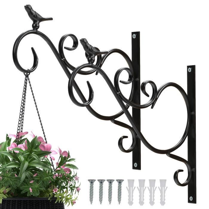 Lot De 2 Crochets Mural Fer Forgé Noir - Support Pots De Fleurs Suspendus - 30,5 Cm - Charge 5kg