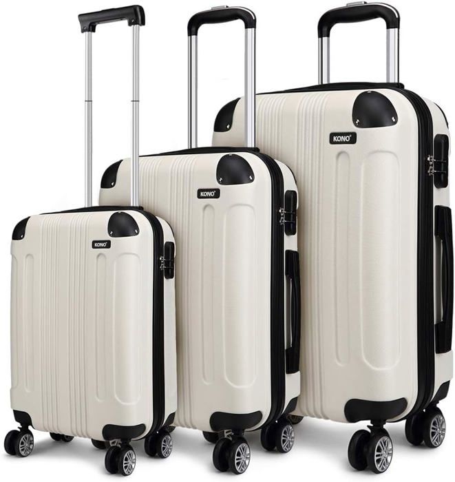 kono set de 3 bagages valise de voyage valise cabine rigide abs légere à 4 roulettes 55/65/75cm beige