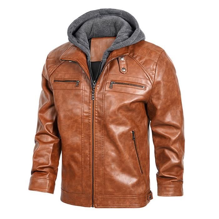Blouson Cuir PU Homme à Capuche – Veste Moto Slim Fit Hiver Chaud Avec Fermeture Zip, Style Casual Et Rock