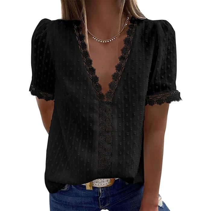 chemise - chemisette  chemisier femme dentelle décontracté col v élégant couleur unie lâche vintage  noir
