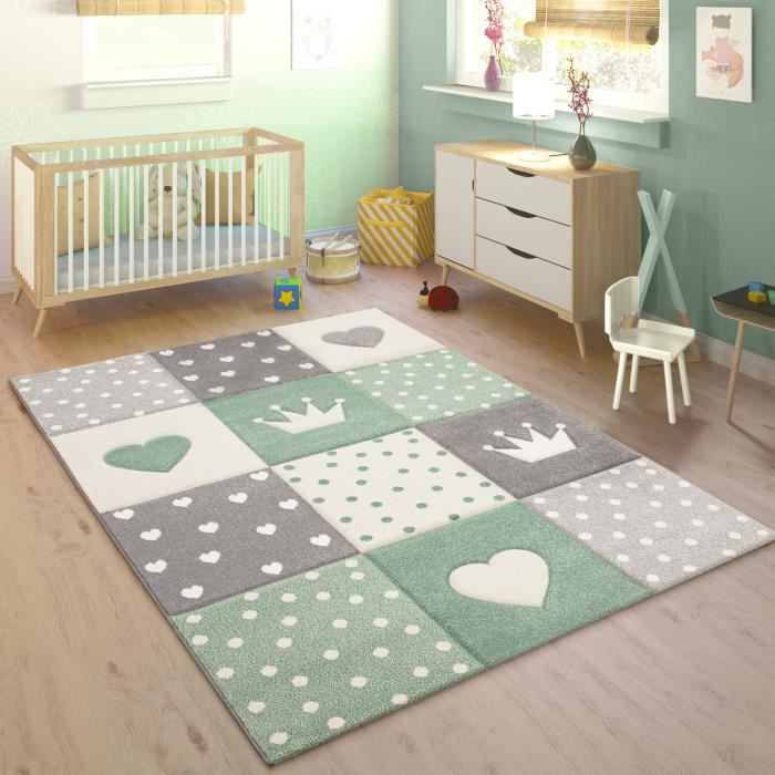 Tapis Enfant Chambre Enfant Carreaux Pois Cœurs Étoiles Vert Pastel Gris [160x230 cm]