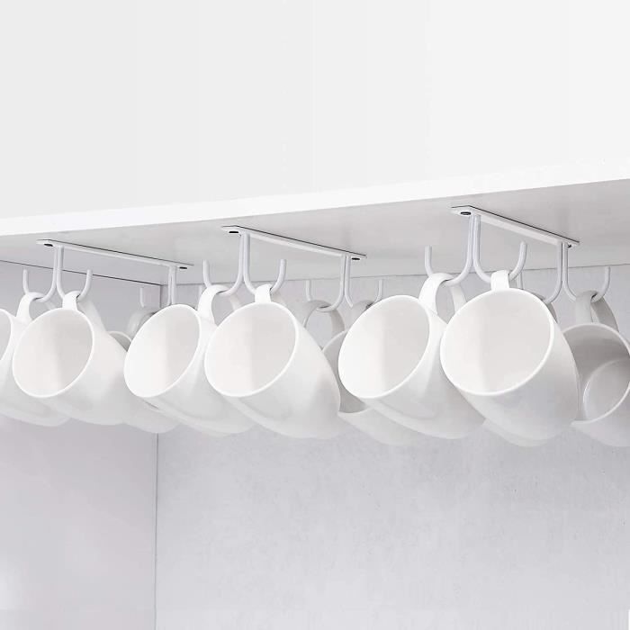 Lot 2 Porte-Tasses Suspendus Blanc – Organisateur Cuisine Sans Perçage 6 Crochets – Rangement Tasses & Ustensiles Sous Étagère