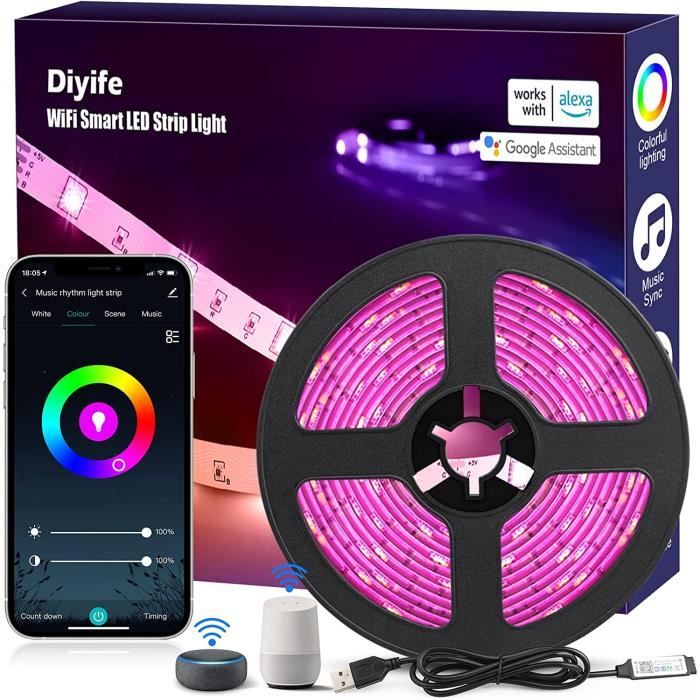 Diyife Ruban LED Smart WiFi Bande LED 5M RGB Multicolore App-Vocale  Contrôle, 150LED, Compatible avec Alexa et Google Home, pour89 - Cdiscount  Maison