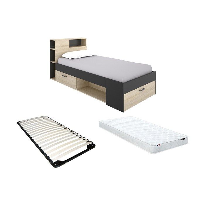 Lit avec tête de lit rangements et tiroir - 90 x 190 cm - Anthracite et naturel + matelas + sommier - LEANDRE