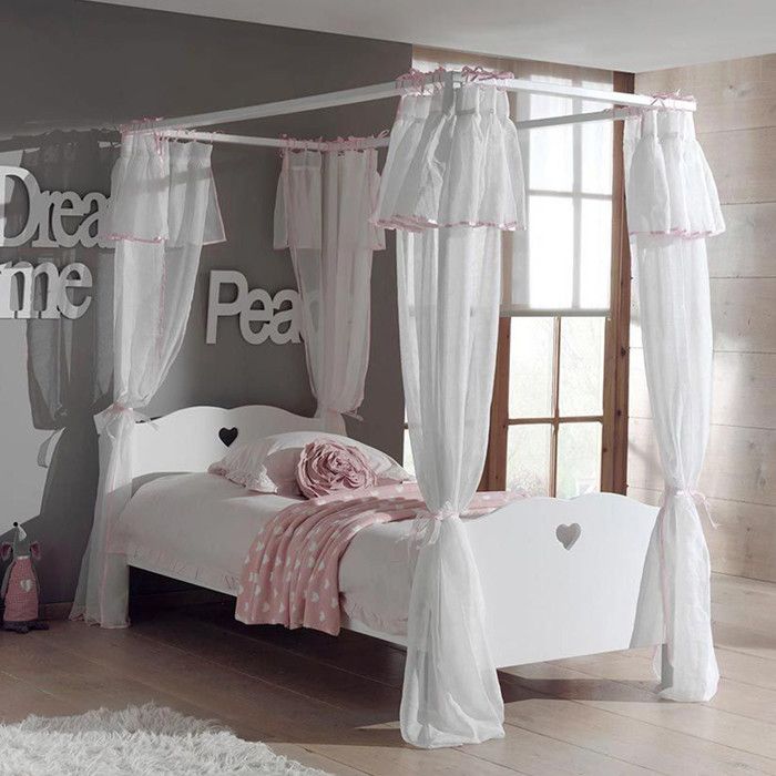 Pack - Lit à Baldaquin Enfant Sommier & Voile Amori 90x200cm Blanc