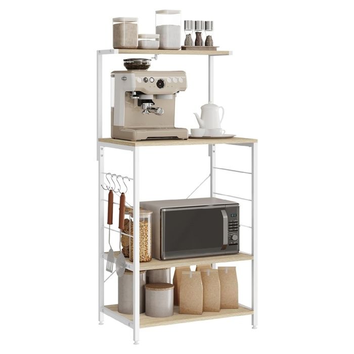 WOLTU Étagère four à micro-ondesétagère de cuisine en bois massif et cadre avec de l’acier60x40x123cm Chêne Clair + Blanc
