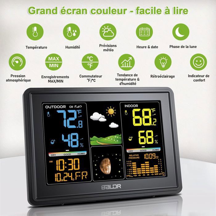 Station météorologique sans fil avec écran LCD capteur extérieur Horloge DCF Phases de lune visible - TV Son Photo