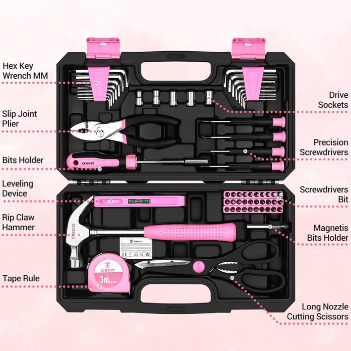 SHALL Ensemble D'outils à Main De 246 Pièces Pour Femme, Rose, Acier Forgé, Kit D'outils De Base Pour La Maison