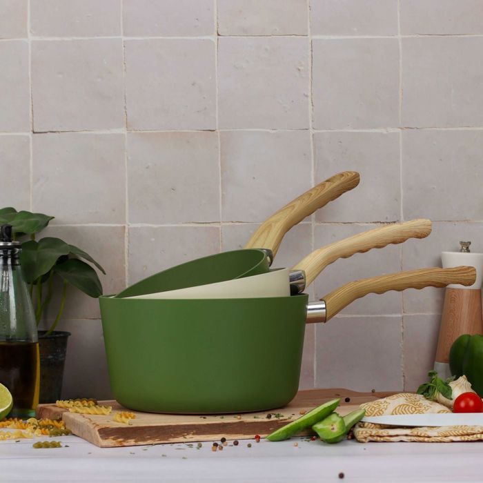 Set De Batterie De Cuisine MENASTYL COLORAMA 7 Pièces - Revêtement Céramique Antiadhésif - Compatible Induction - Couleur Crème
