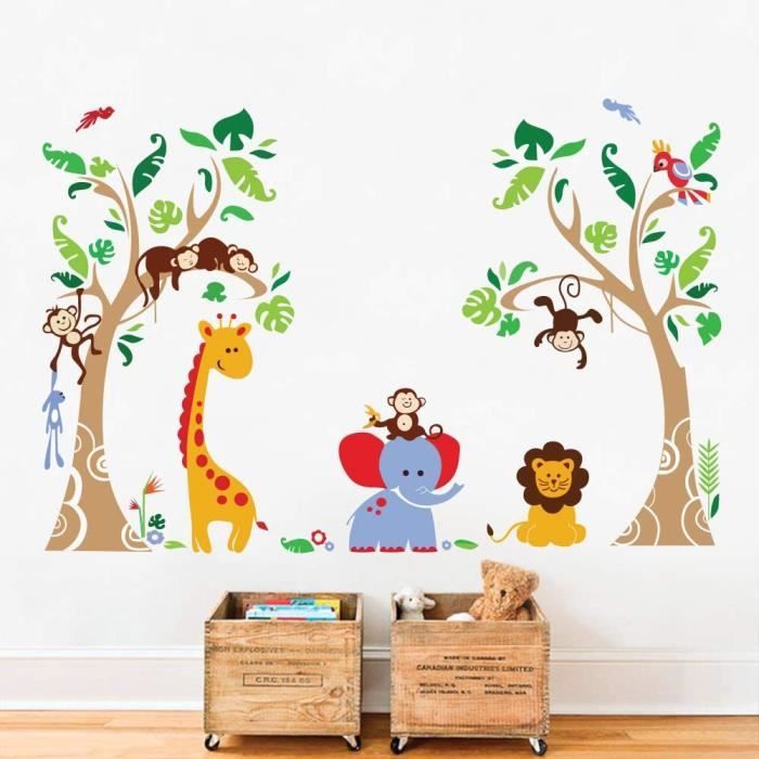 Sticker mural jungle animaux, branche tigre baobab et oiseaux