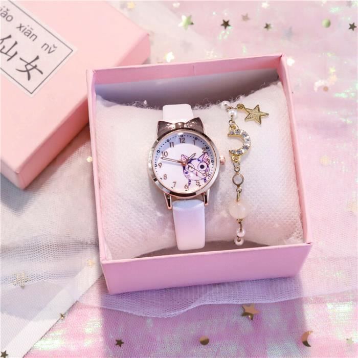 Montre Pour Fille Avec Bracelet Cuir - Cadran Rond Chat Strass, Chiffres Arabes - Quartz Analogique