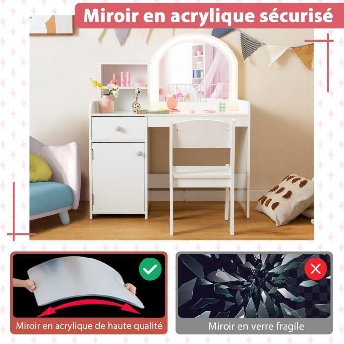 Coiffeuse Enfant Avec Miroir LED, Tabouret Et Tiroir - Marque Costway, Dimensions 80x41x94 Cm - Neuf