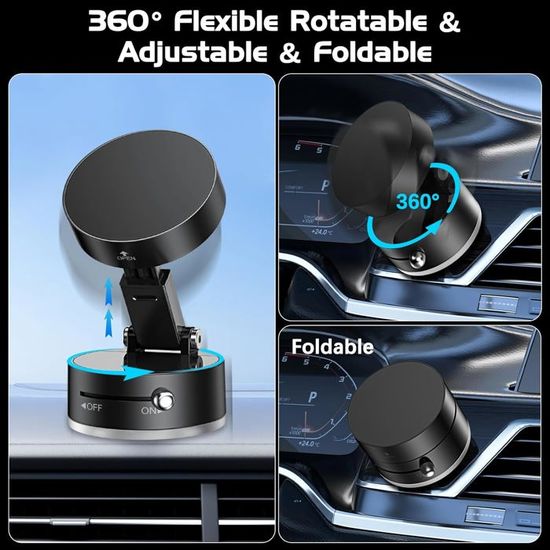 Support Téléphone Voiture Magnétique Rotatif 360° - Ventouse Puissante, Compatible IPhone Et Android