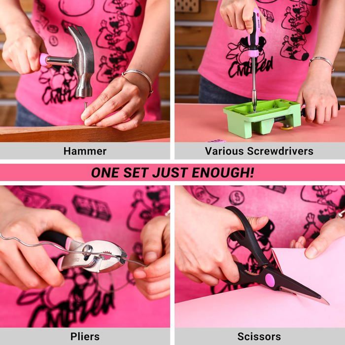 SIXTOL HOME PINK 88 – Kit D’Outils 88 Pièces Rose Et Noir, Complet Pour Bricolage Maison, Jardinage Et Réparations Quotidiennes