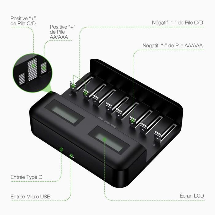 Ebl chargeur de piles rapide lcd, chargeur universel pour aa/lr6, aaa/lr3,  c/r14, d/r20 ni-mh piles rechargeables avec entrée type c micro usb, charge  - Chargeur de batterie - Achat & prix