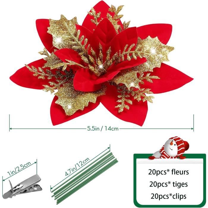 20 Fleurs De Noël à Paillettes Avec Clips - Décoration Sapin, Guirlande, Couronne, Rouge Et Doré
