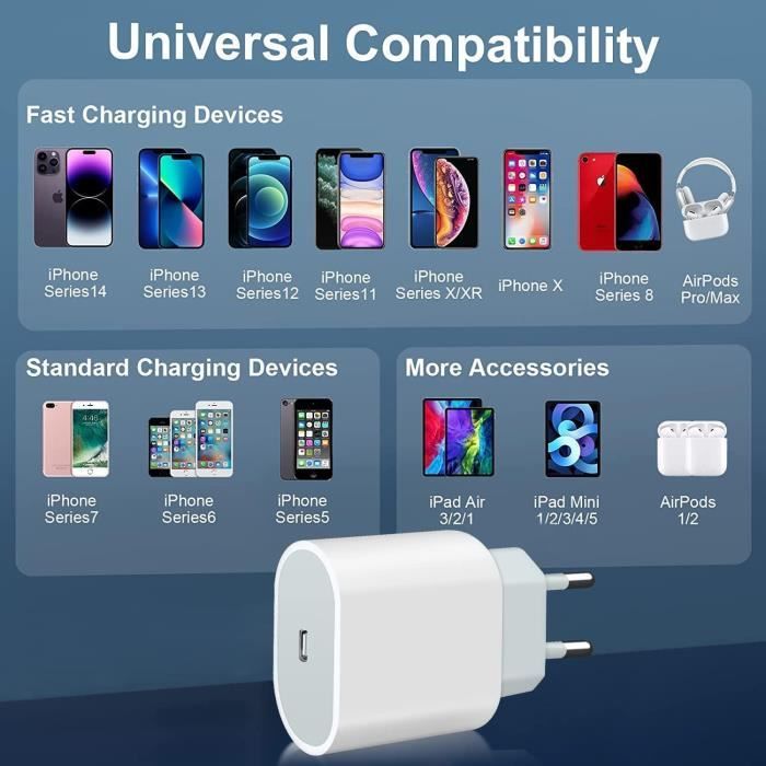 ARCCRA Chargeur iPhone Charge Rapide et 2X Câbles Lightnin 2m, Embout  Chargeur USB C 20W, Prise Adaptateur Secteur 2 Ports (PD/QC), Compatible  avec
