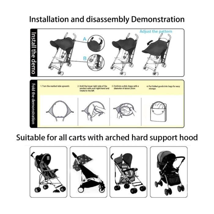 UPF50+ Pare-Soleil pour Poussette Universelle Anti-UV Canopy étanche Housse  de Soleil tissu double couche avec fenêtre et ailes d'ombrage extra larges