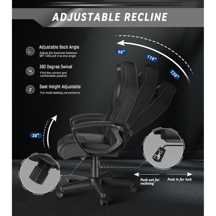 Fauteuil de bureau ergonomique, Chaise gaming en Cuir PU & Maille  Respirante, avec Appui-tête, Hauteur Réglable