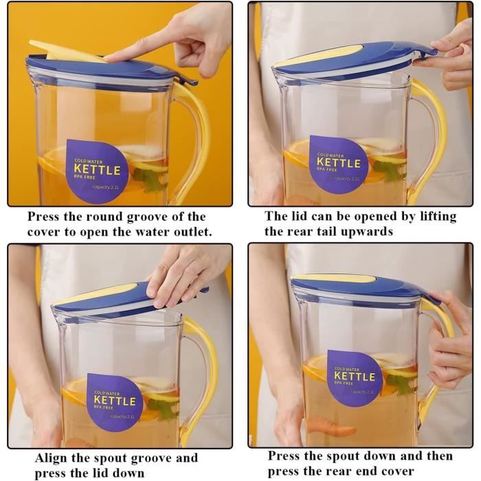 Pichet D'eau Réfrigérateur 2,2 Litres - Plastique Alimentaire PP Transparent Avec Couvercle - Bec Verseur Pratique - 12