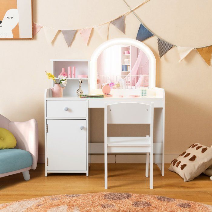 2 en 1 Coiffeuse Enfants avec Tabouret & Tiroir, Table de Maquillage avec Miroir Rotatif à 360° et Double Face, pour 3 Ans+ (Rose)… - Gamm vert