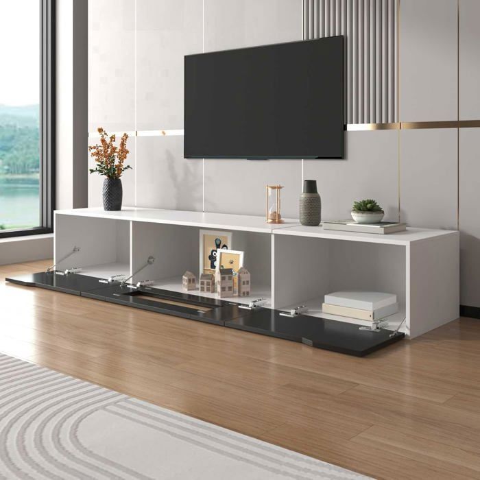Meuble TV Moderne avec LED, 3 Portes et Étagères en Verre, MDF E1, 197,5x39x42 cm, Noir et Bois Meuble TV Moderne avec LED, 3 Portes et Étagères en Verre, MDF E1, 197,5x39x42 cm, Noir et Bois
